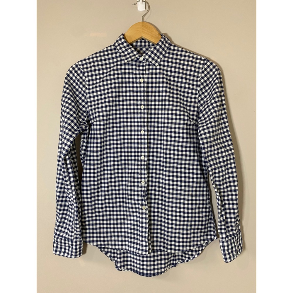 Peter Millar Women Oxford Cotton Shirt Navy Gingham Roll Tab Button Up SMALL